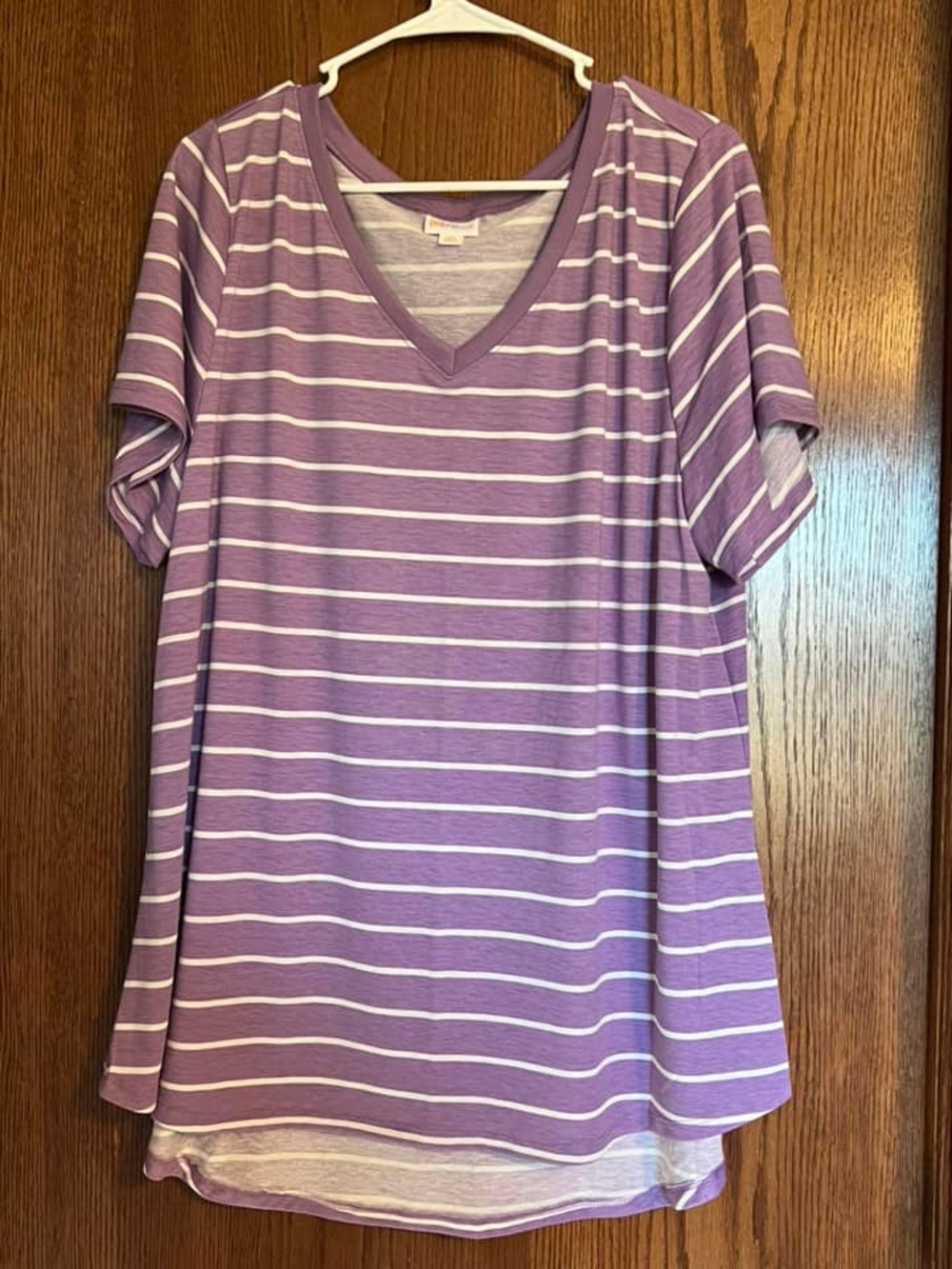 LuLaRoe Lavender and White Striped V-Neck Tee